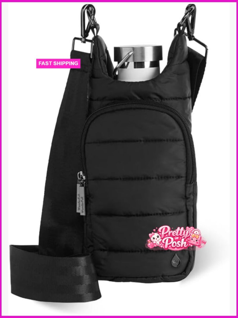 Quilted Polyester Crossbody Water Bottle Holder With Zippered Pockets